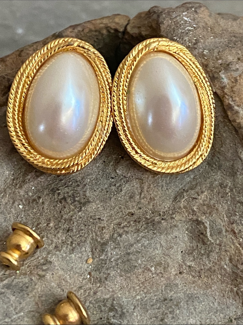 Vintage 80s Marvella Gold-Trim Faux Pearl Oval Stud Earrings